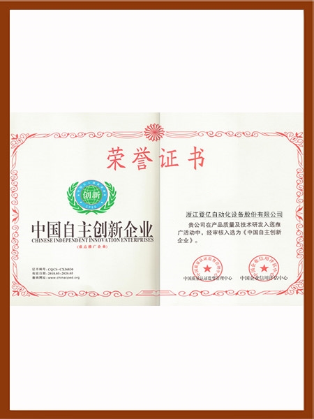 中国自主创新企业荣誉证书